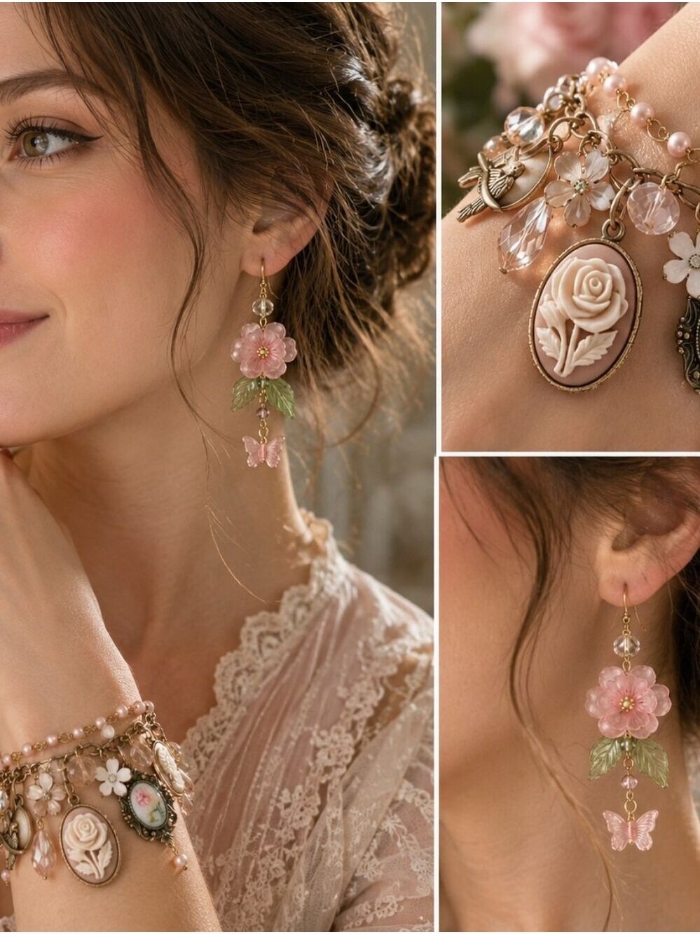 Vintage-Inspired Cameo Floral Charm Bracelet & Pink Flower Earrings Set